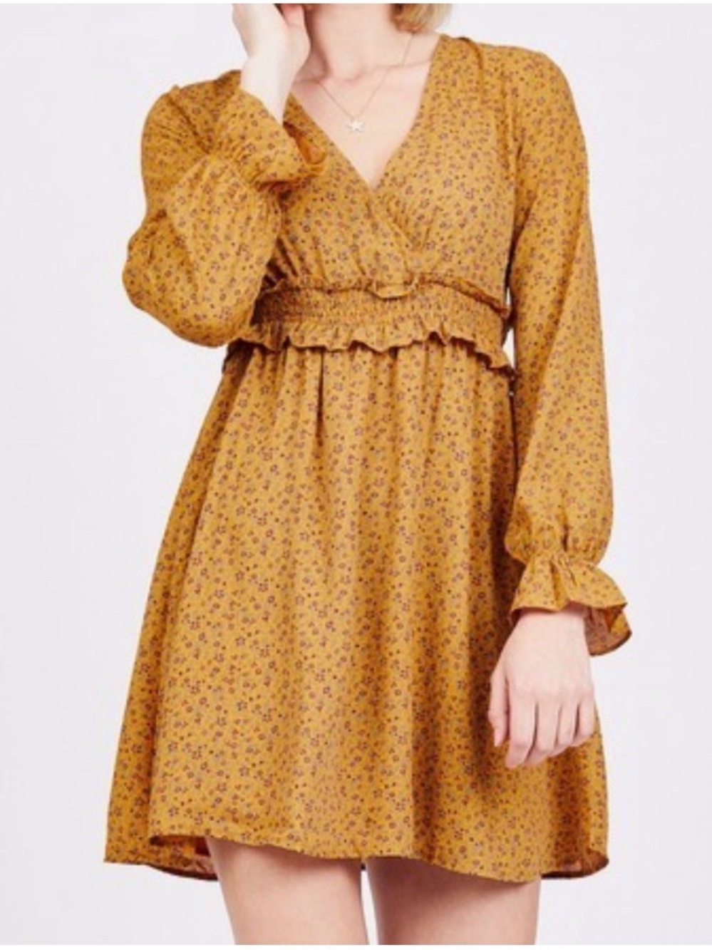 Mustard Floral Long-Sleeve V-Neck Mini Dress
